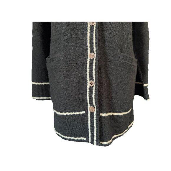 LUCKY BRAND Black Varsity-stripe Sweater Long Cardigan Coat Vneck Pockets SMALL - Picture 7 of 9